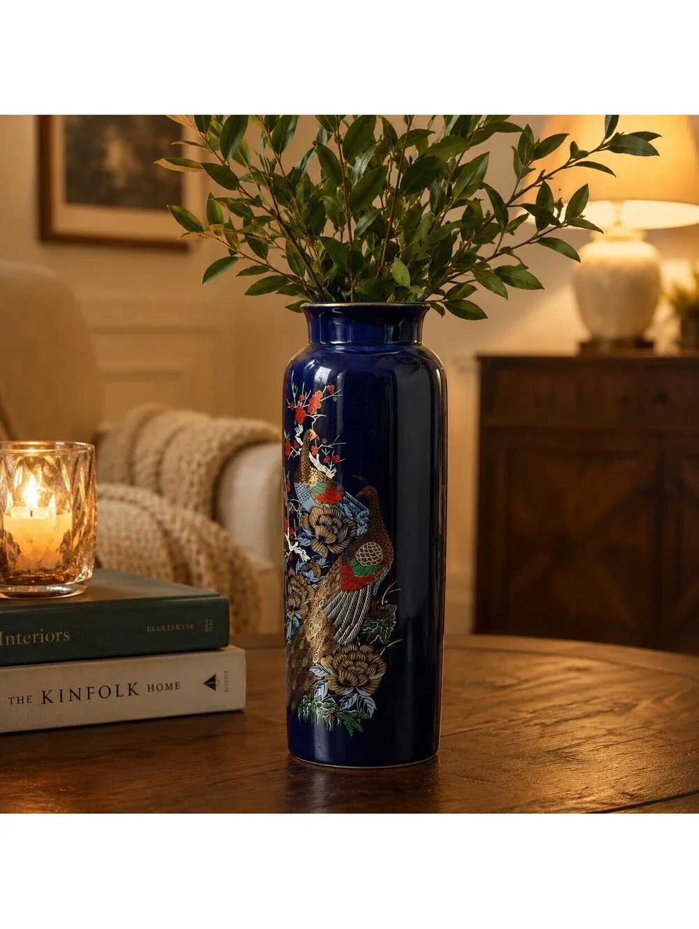 Vintage Imperial Interpur Japan Cobalt Blue Peacock Vase 11